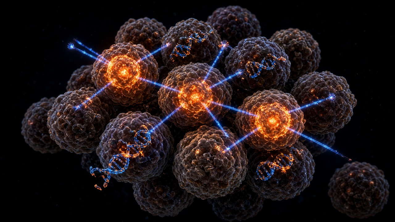 Minh họa hiệu ứng cross-fire của tia beta lutetium-177 gây tổn thương DNA tế bào u lân cận