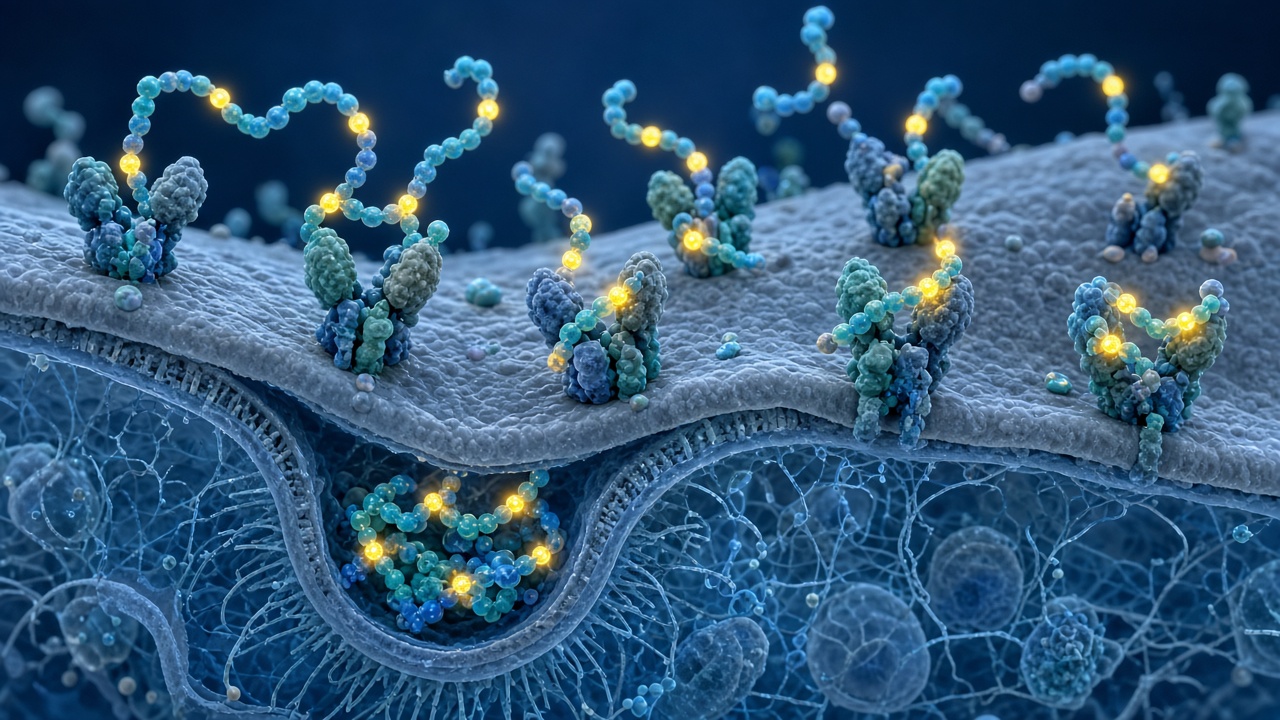 Minh họa peptide gắn phóng xạ Lutathera bám vào thụ thể SSTR2 trên tế bào u thần kinh nội tiết