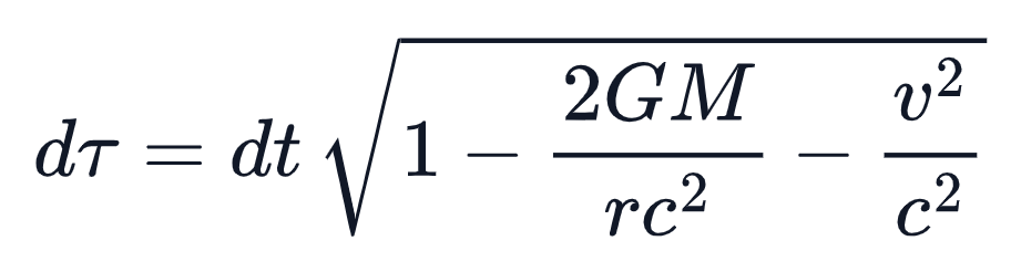 Thời gian riêng: dτ = dt·√(1 − 2GM/(rc²) − v²/c²)